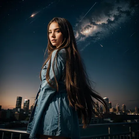 Sky，Star，City，edifice，meteor，girl，long hair