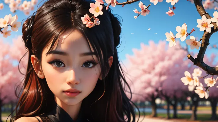 (Close-up, extremely delicate, beautiful CG quality)Single person on cherry blossom tree background，The skin and standby device are complementary and highly saturated colors，Black background，The extremely detailed facial features of the characters and a pa...