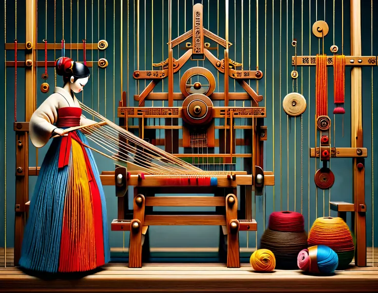 China&#39;s unique high-end carpenter sculpture style，The character is full body，side，（Mechanical doll sitting in front of ancient Chinese loom），Inspired by the looms of Jiangning Weaving Museum，wooden shuttle loom，loom frame、Brora、loom head、Shuttle and ya...