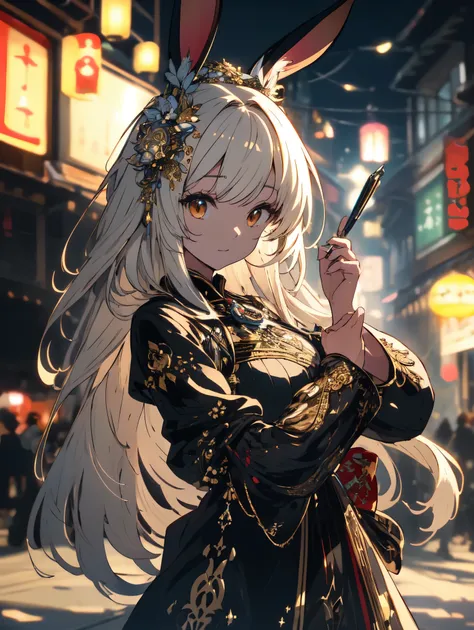 ((highest quality、original, intricate details, figure, masterpiece, very detailed))、 CG Unity 8k 壁紙, highlight, sharpen, dynamic, Bokeh, , beautiful girl with animals_rabbit ears and hair_ornament、anime art