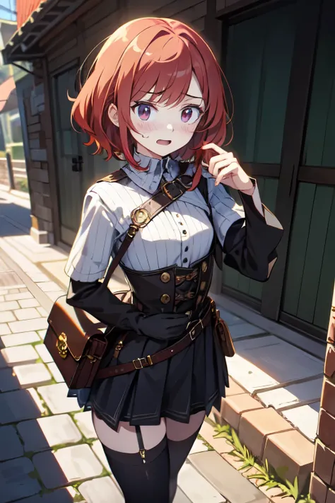 western medieval fantasy, ultra detailed, anime, (early teenager, red hair, -eyed, flat chest:1.0), at town, (Civilian outfit:1.2), embarrassed,