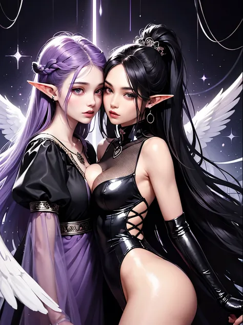 Very gorgeous woman with black long hair and black eyes, shes an angel with elf ears, wears suit, and she kissing a woman with purple ponytail hair and has a purple pretty eyes, wears a pretty tight black dress, gorgeous background, official art, unity 8k ...