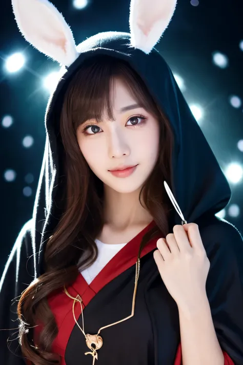 highest quality, shape, Super detailed, finely, High resolution, 8k wallpaper, 完璧なダイナミックな構shape, astrologer, Fortune telling with tarot cards, Enigmatic beauties, bewitching smile, wearing a hood, Wear a cloak, Dress with open chest, Long, straight rabbit ...