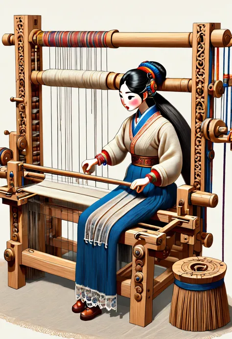 role conception Sheet, Chinese mechanical senior carpenter sculpture style, role conception, (whole body), side, (A mechanically constructed doll sits at work at a loom), Wooden shuttle Ribbon Loom consists of a loom frame, loom roller, a loom head, Bus, a...