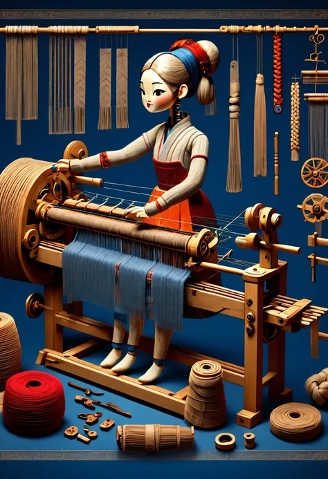 role conception Sheet, Chinese mechanically advanced carpenter sculpture style, role conception, (whole body), side, (a Mechanically constructed doll is sitting in front of a loom and working), Wooden shuttle Ribbon Loom consists of a loom frame, loom roll...