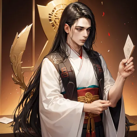 Handsome dark haired man wearing a hanfu, covered by several hands, semi realistic, super high quality, 