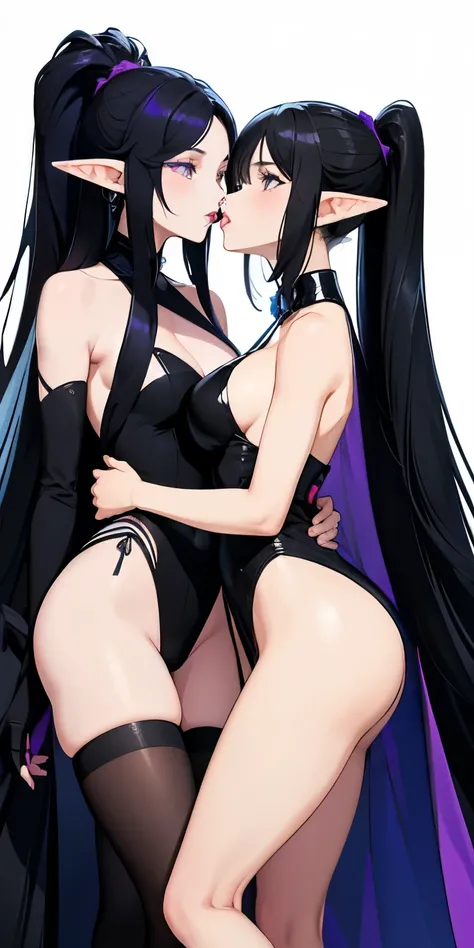 2 couple, Very gorgeous woman with black long hair and black eyes, shes an angel with elf ears, wears suit, kissing another woman with purple ponytail hair and has a purple pretty eyes, wears a pretty tight black dress, gorgeous background, official art, u...