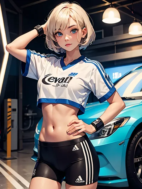 Cool design, cutest girl ever, strong-willed eyes, beloved character、Stylish sportswear, highest quality、short hair, HDR, Detailed details, photo pose