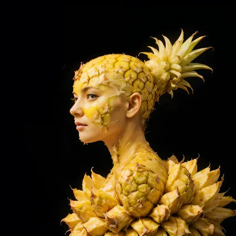 Photo realistic  masterpiece detailed girl peeled pineapple hybrid pineapple skin and yellow eyes  surreal mixed pineapple juice 