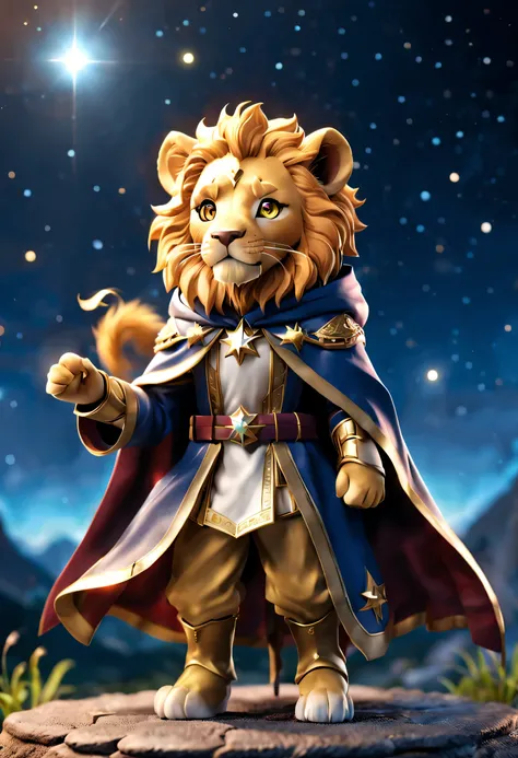 Full body Esbian、cool lion、pop lion、diorama、simple background、background white、starry sky、The kings cloak、 highest quality, Capture the cutest moments, written boundary depth, Super detailed, ultra high resolution, octadale, 8k, 16km race