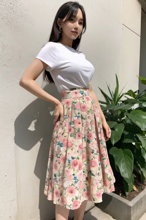 miss，30 years old，full，floral skirt，Upper body