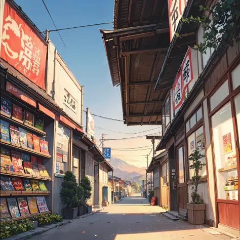 anime background, anime wallpaper, anime, anime style, lofi, lofi style, modern japanese rural street, mountains, uphill, modern japanese architecture, japanese convenience store, big retro japanese shop signs, retro japanese store, trees, plants, rocks, p...