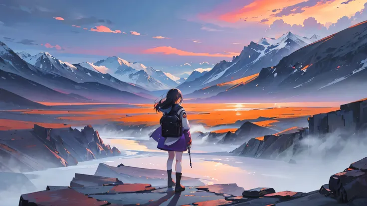 "Against the backdrop of a desolate and beautiful landscape、Please draw a scene in which a solo traveler adventures into an unknown land..。the traveler looks into the distance、There&#39;s determination and loneliness in her eyeajestic mountain々surrounded b...