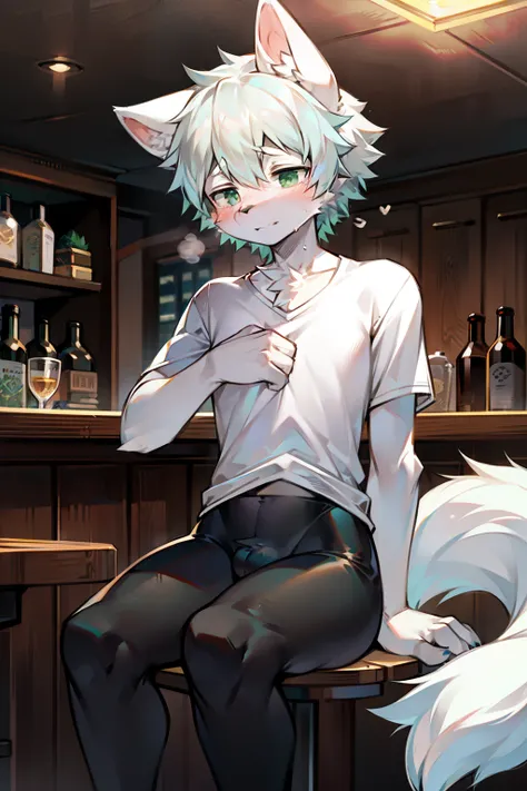 Furry gray wolf，blue-green eyes, big ears，light white hair，Wear green hair tail，A pure white tight-fitting short-sleeved shirt，black leggings，Sitting on a bar chair，Place the left leg on the right leg，small canine、Wipe sweat on right hand，Handsome，Lovely，S...