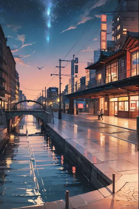 comics，body of water at train station, bright starry sky. romantic train station, Xin Haicheng&#39;s pictures, pure, concept art, Lofi Art style, reflection. author：Xin Haicheng, Lofi Art, Beautiful anime scene, anime scenery, Detailed Landscape—Width 672,...