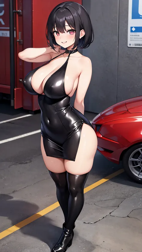 1 woman standing on the street, cute face, short black hair, smiling, aesthetic, attractive, sexy pose, big breasts and butts, wearing an all black tight dress to the neck, tight on thighs and breasts, black long boots, detailed pink lips,Mate, red pallet,...