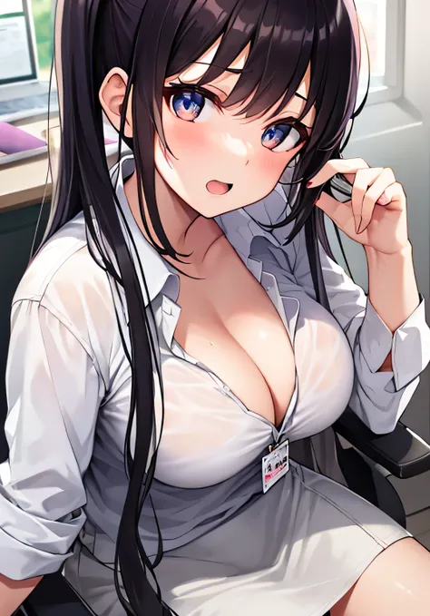 masterpiece、best image quality、ultra high resolution、teenage girl with big breasts、twin tail hairstyle、black hair、red face、shyly、Open your mouth just a little、White dress shirt that shows cleavage、short pencil skirt、sitting in an office chair、inside the of...