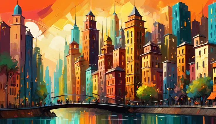 Abstract style modern city . Non-representational, colors and shapes, expression of feelings, imaginative, highly detailed