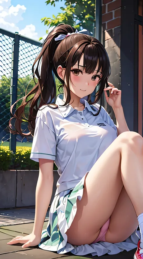 ((table top, highest quality, High resolution, perfect pixel,  4k,)), 1 girl, single, alone, Beautiful woman、I could see the whole body、 ((ponytail、wavy hair, bangs, brown hair)), ((brown eyes, beautiful eyelashes, realistic eyes)), ((detailed face, blush:...