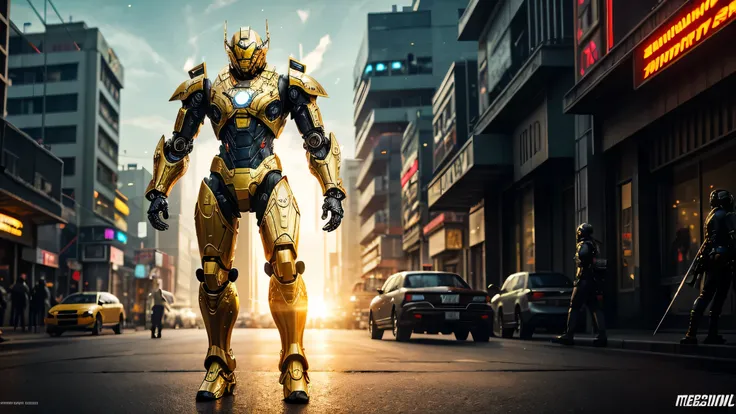 Realistic depiction of an advanced fully body cybersuit looking like the perfect mesh of Bumblebee from transformers, Ironman, Marvel Comics Vision the android, and DCs comics Brainiac. Golden dragon scale warframe. Armor is embedded with golden shimmering...