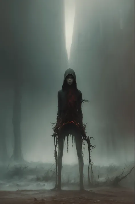 a beautiful girl, full body, short hair, horror, broken, distorted, sky, rain, fog, smoke, dark forest, shadow creatures, Zdzisław Beksiński style, dead bodys fire, fear, deep mood, masterpiece, ultra high res, high quality, cinematic lighting,