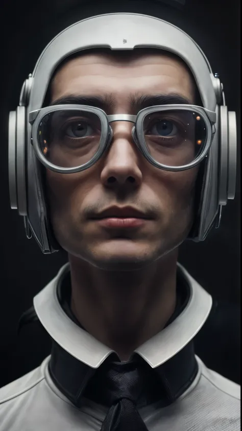 Hombre arafed con auriculares y gafas con corbata., retrato de un astronauta ia, close-up retrato de cyborg, retrato de un robot futurista, lentes de gafas futuristas, futuro codificador hombre mirando, science fiction pilot, symmetry!! retrato de cyborg, ...