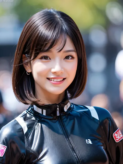 8k,超A high resolution,highest quality、masterpiece、Ultra - High resolution、(It looks real in the photo:1.4)、(1 girl)、long sleeve、(rubber black racing suit)、(mid short hair)、(wet hair)、super detailed human face、pink gloss lipstick、highly detailed teeth