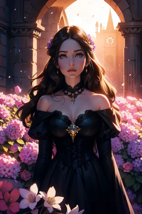 fantasy, gothic, light, garden, many flowers, a girl of about 20 years old with brown hair with wavy strands, plump lips, golden...