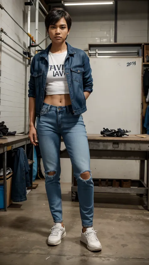 A crossdressing short haired Indonesian woman wearing mans jacket, tshirt, long jeans, and sneakers standing in a workshop with masculine pose and fierce expression, her body is facing to the camera.