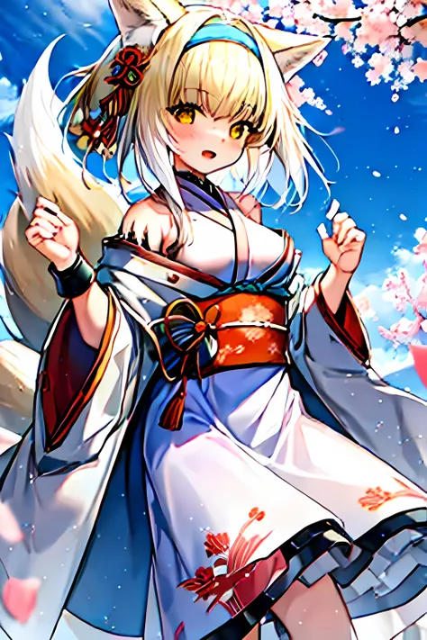 anime girl, wolf, happy, kimono