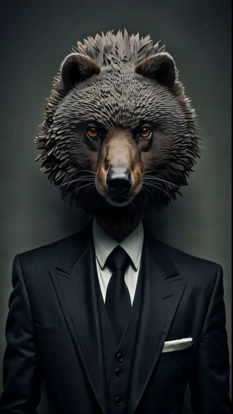 araffe con traje y corbata con fondo negro, retrato de oso antropomorfo, mapache antropomorfo, Babuino con traje y corbata, un mapache vestido con ropa formal, por Adam Marczyński, retrato antro obra maestra, Sergey Zabelin, Surreal hybrid animals, Hombre ...