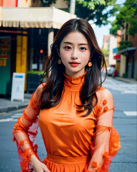 a woman posing on the street corner with light Orange dress on, best quality, high resolution, 8k, 1 girl, (huge breasts), sky, bright, outdoor, (street:0.8), (people, crowd:1), (lace trimmed dresses:1.5, Light orange clothes:1.5, Orange turtleneck dress:1...