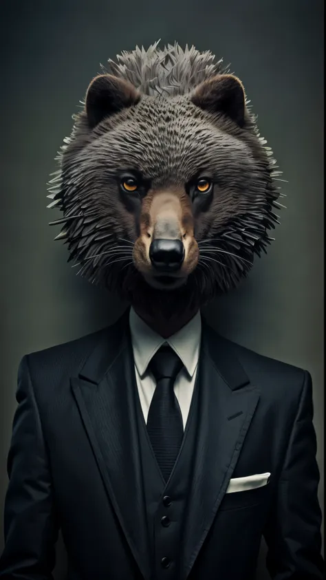 araffe con traje y corbata con fondo negro, retrato de oso antropomorfo, mapache antropomorfo, Babuino con traje y corbata, un mapache vestido con ropa formal, por Adam Marczyński, retrato antro obra maestra, Sergey Zabelin, Surreal hybrid animals, Hombre ...