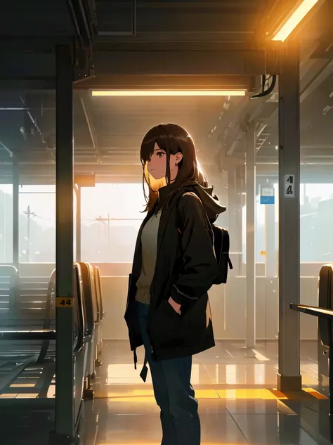 A person waiting for a train in a quiet atmosphere,soft lighting,deserted seats,outside view,train station Medium: illustration Image quality: (best quality,4k,8k,highres,masterpiece:1.2),ultra-detailed,(realistic,photorealistic,photo-realistic:1.37),HDR,U...