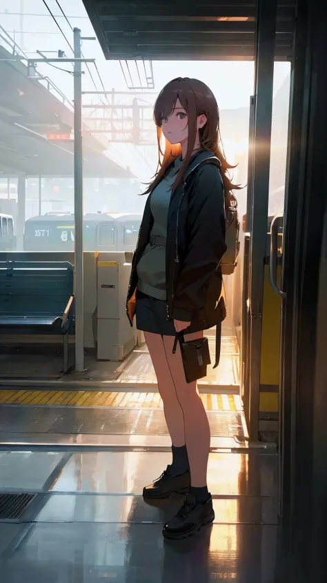 A person waiting for a train in a quiet atmosphere,soft lighting,deserted seats,outside view,train station Medium: illustration Image quality: (best quality,4k,8k,highres,masterpiece:1.2),ultra-detailed,(realistic,photorealistic,photo-realistic:1.37),HDR,U...