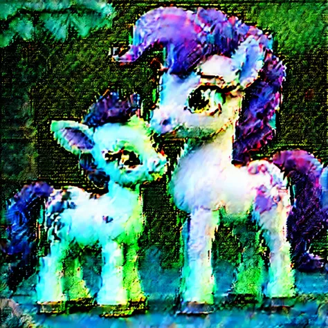 A soft green pony with a curly brown mane hanging out with a white pony with deer like spots on her back and pink hair