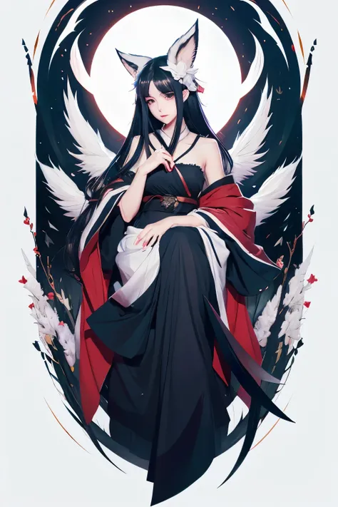 fox ears white hair girl，full body esbian，Painting of a black-haired fox sitting on a branch，fantastic fox，Kyuubiの狐，three tailed fox，onmyoji detailed art，Kyuubi，Beautiful artwork illustration，mythical creatures，Red fox，beautiful digital artwork，exquisite d...