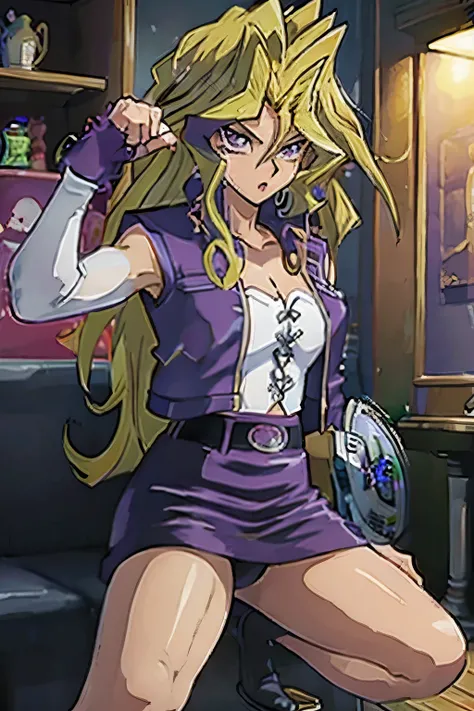 masterpiece,best quality,purple vest,purple pencil skirt,blond hair,fighting stance,spread legs,,long hair,skirt lift,panties