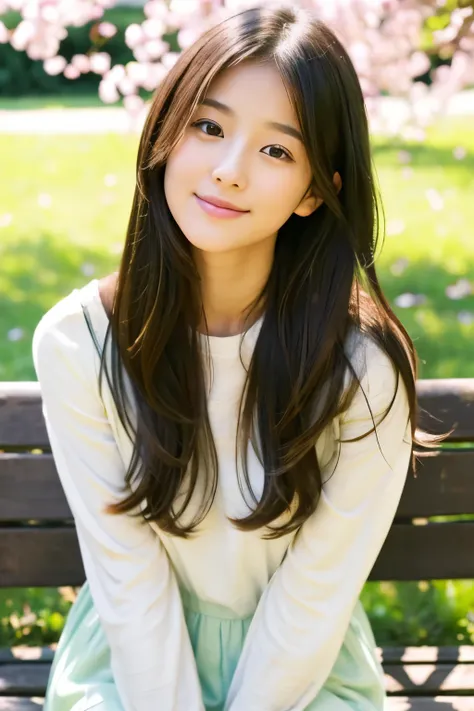 sit on a bench in a quiet park、young woman with natural beauty。She has long brown hair、Has gentle eyes and a soft smile。The clothes she wears are simple and elegant、Gives a casual yet sophisticated look。There are lush trees around々and flowers々There is、The ...