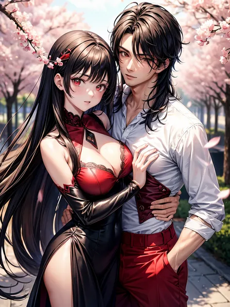 1man and 1woman, couple, beautiful vampire goddess, handsome man, brunette very long hair, man with brunette short hair, red eyes, wearing a sexy red and black dress, man in sexy suit, ultrasharp, looking at the viewer, ((best quality)), ((masterpiece)), (...