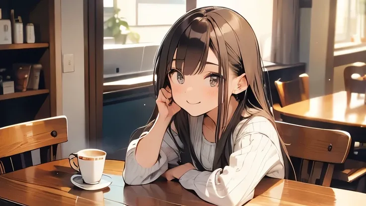 20 year old woman、hair is brown、long hair、eyes are big、very smiling、one&#39;s home、coffee on the table