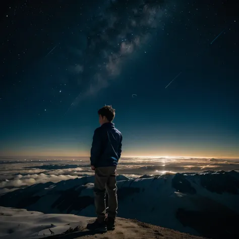 A boy standing in top of the planet and seeeing the stars