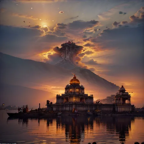 (((background)))(((Capture the panoramic view of Dashashwamedh Ghat during the mesmerizing Sunset Aarti. Showcase the main ghat area with the priests performing the rituals, surrounded by the vibrant colors of devotees and the soothing glow of the setting ...