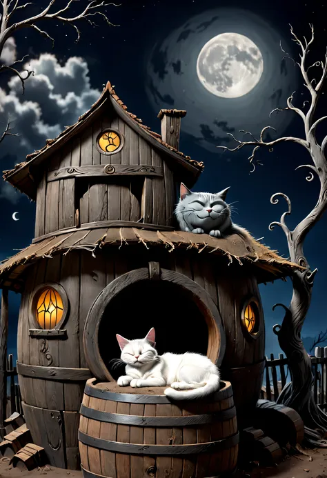 a cat sleeping on a large wooden barrel in front of an old mud-walled house、the nightmare before christmas、under a dead tree、moo...