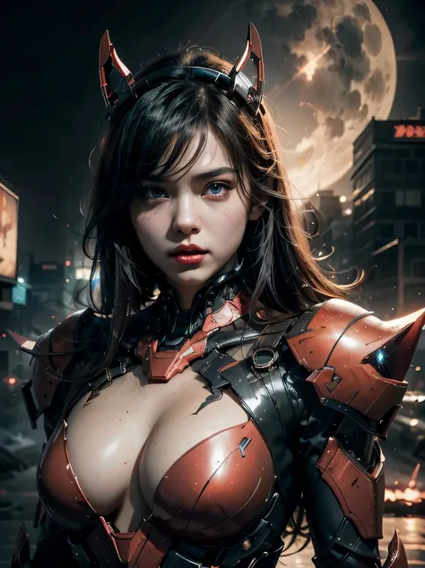 ((masterpiece、highest quality、Super detailed、High resolution、realistic、sharp focus、cinematic lighting))、bust shot、high contrast、future girl、wearing armor、red lips、highly detailed eyes and face、beautiful eyes、Mechanical joint、dark atmosphere、The background ...