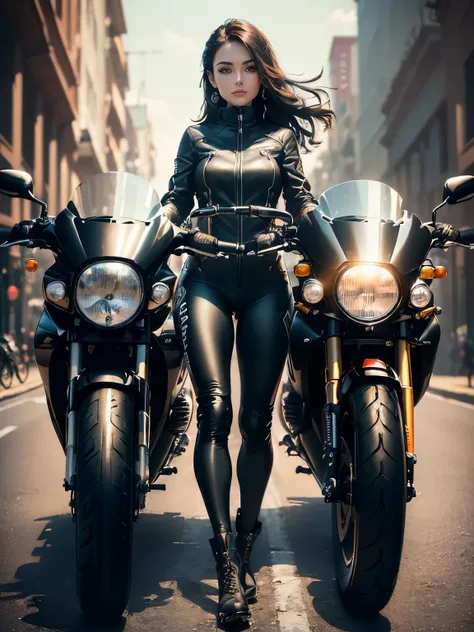 ((highest quality, 8k, masterpiece: 1.3)), Masterpiece Best Quality, (Sharpen your face: 1.5), perfect body beauty: 1.4, (The bike is facing 70 degrees:1.5), (((Woman on motorcycle))),slender body,((Long-sleeved biker jacket and black long pants)),Highly d...