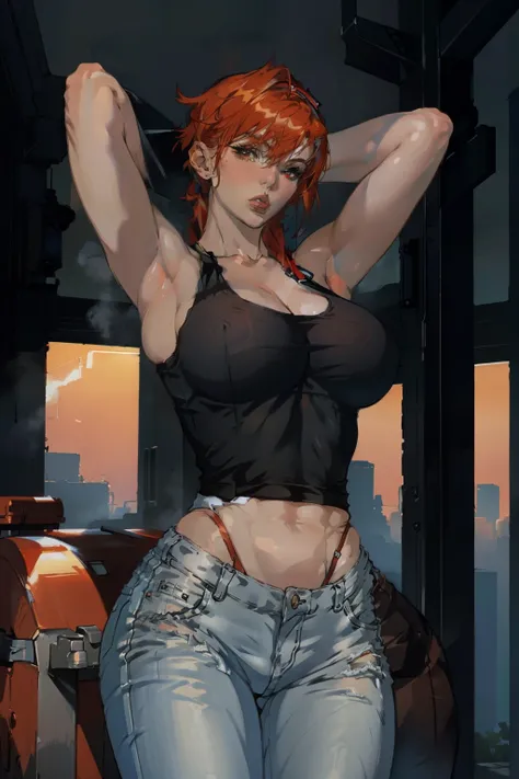 (Best quality, 8k, Ultra high resolution: 1.2), (Meowri Beauty), (red head), (crop tank top), (tight short jeans), (gym)