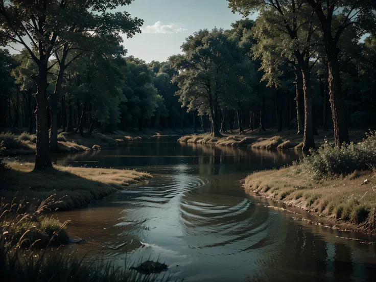 3D landscape of a dark transparent river,with a yoke,broken dry flooded tree,dark forest without leaves