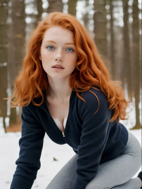 (1girl in, age19, Solo, Aesthetic artwork, irish redhead, wavy ginger hair, shoulder length ginger hair, light grey eyes, some small freckles, pale skin, A-cup, small breasts, runners body, (textured skin, skin pores:1.1), (moles:0.8), imperfect skin, goos...