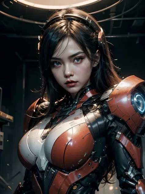 ((masterpiece、highest quality、Super detailed、High resolution、realistic、sharp focus、cinematic lighting))、bust shot、high contrast、future girl、wearing armor、red lips、highly detailed eyes and face、beautiful eyes、Mechanical joint、dark atmosphere、The background ...